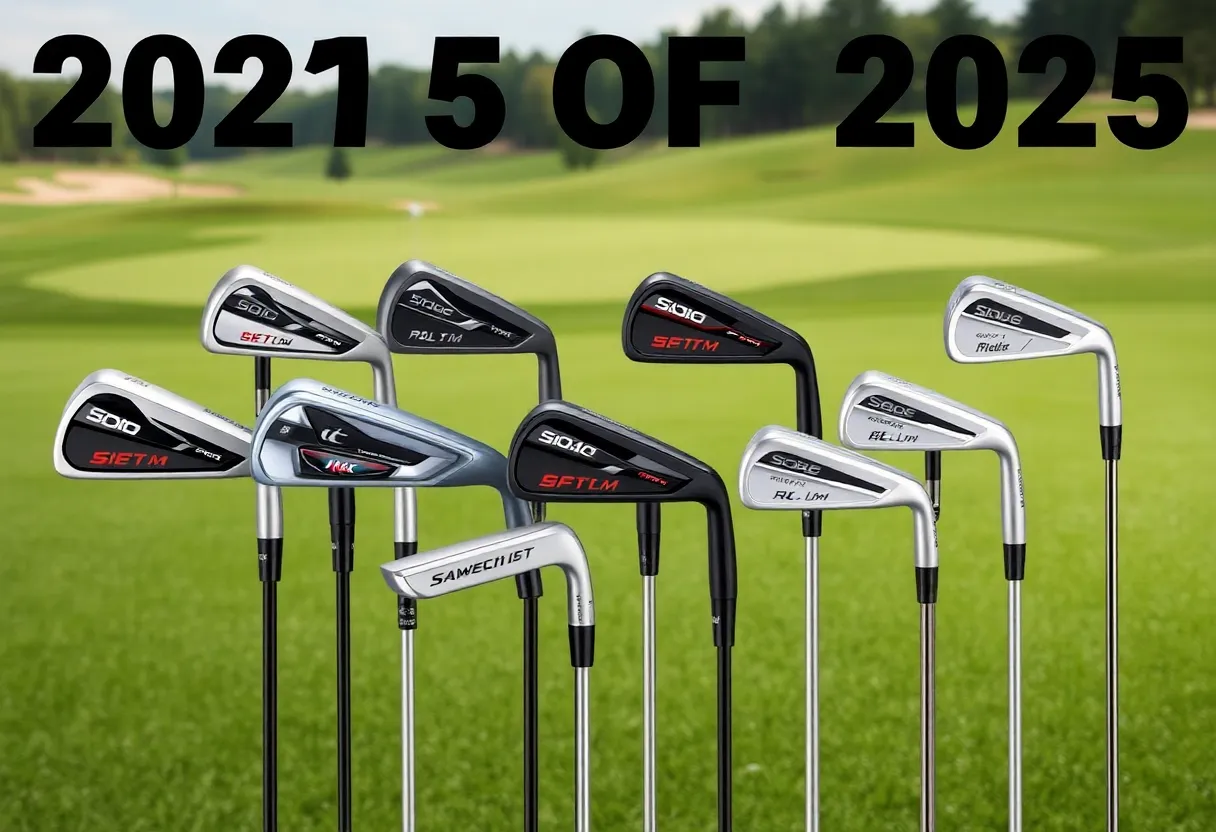 Diverse collection of top golf irons of 2025 displayed outdoors.