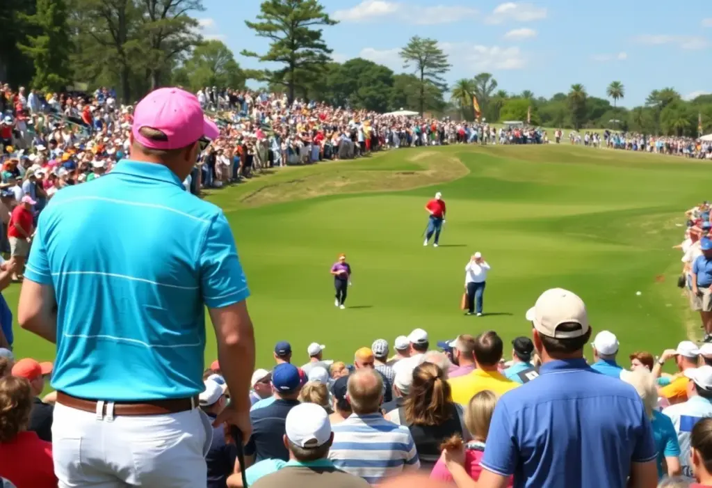 Golf tournament scene with players and enthusiastic fans