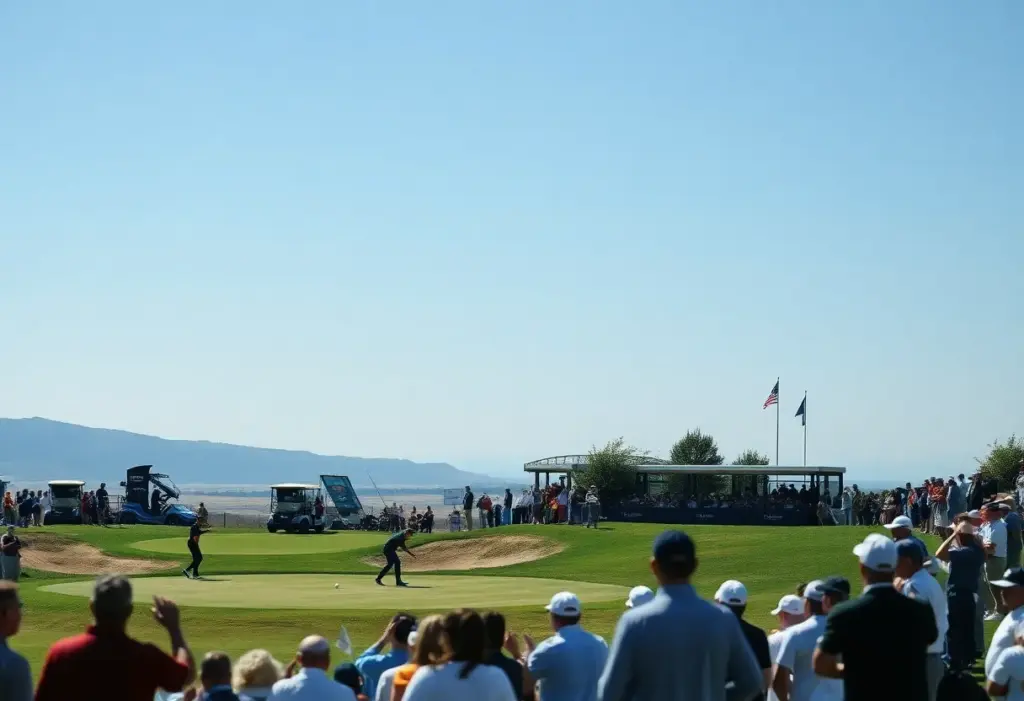 Golf tournament scene with players and fans