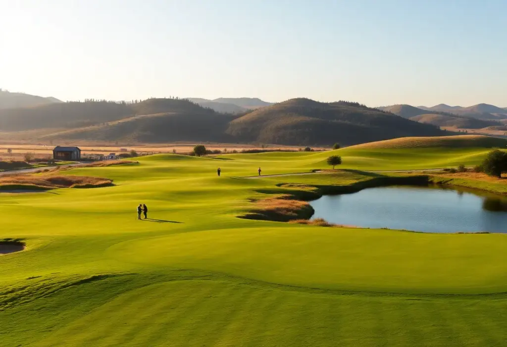 View of Chart Hills Golf Club with pristine greens and golfers on the course.