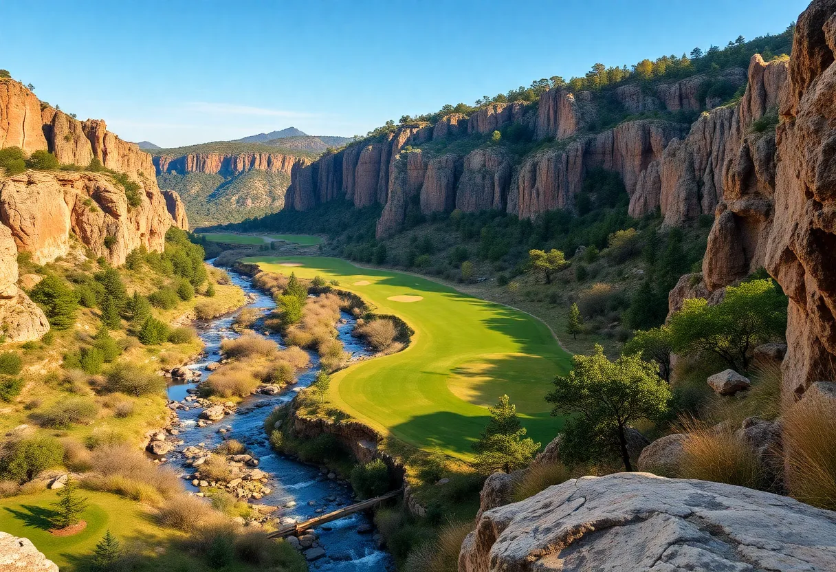 Scenic view of Cliffhangers golf course with limestone cliffs and creeks