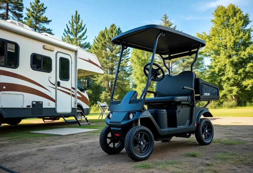 Collapsible electric cart next to RV in a campground