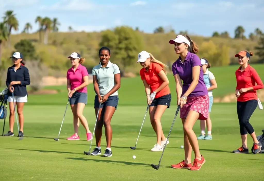Diverse female golfers competing in college golf