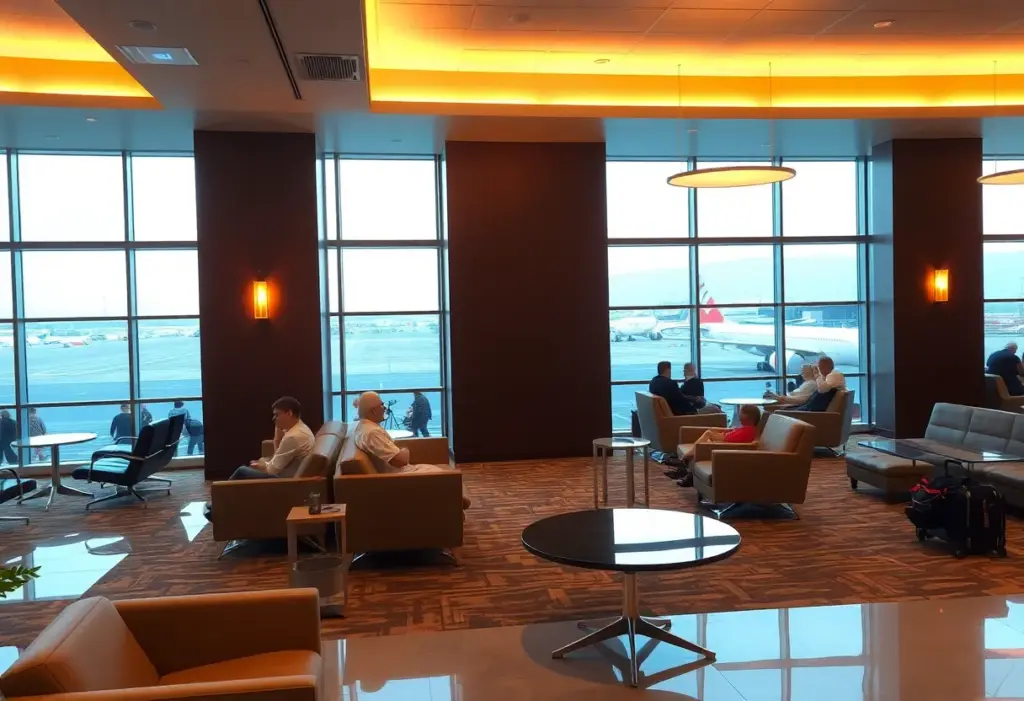 A modern airport lounge in Asia-Pacific with travelers relaxing.