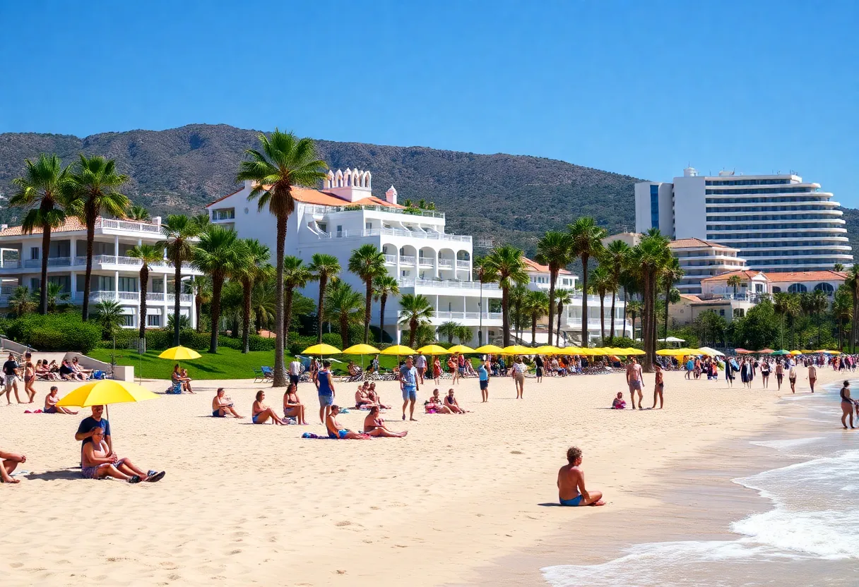 Tourists at Costa del Sol beach enjoying the sunny weather