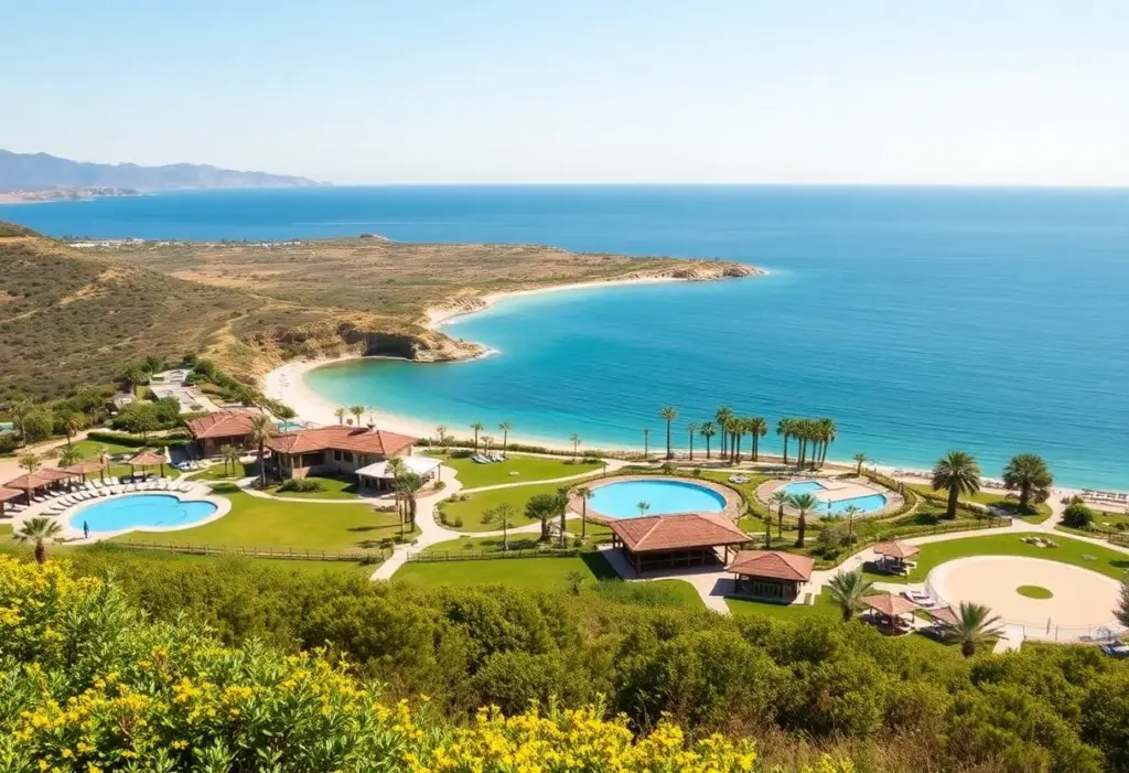 Scenic view of Costa Navarino with families enjoying outdoor activities