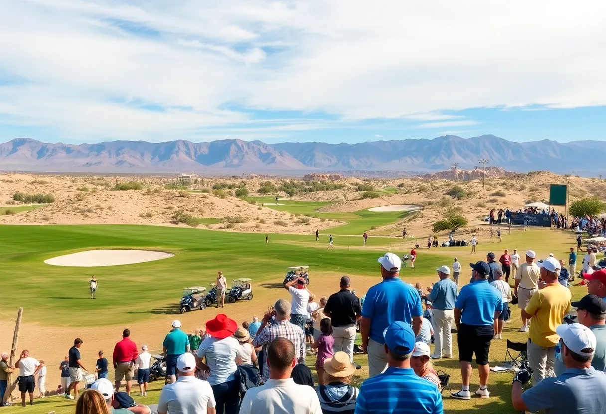 A beautiful desert golf course with players competing during a tournament.
