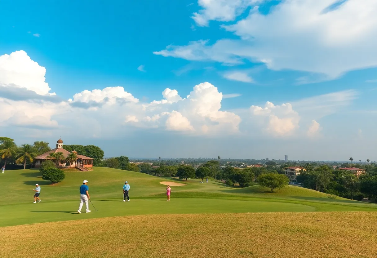 Golf tournament in India featuring players on a lush green course.