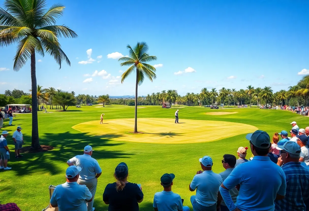 Golfers participating in the Dubai Desert Classic with a beautiful backdrop of the course.