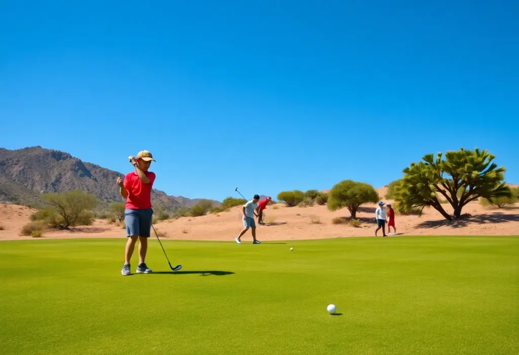 Young golfers practicing on the desert golf course