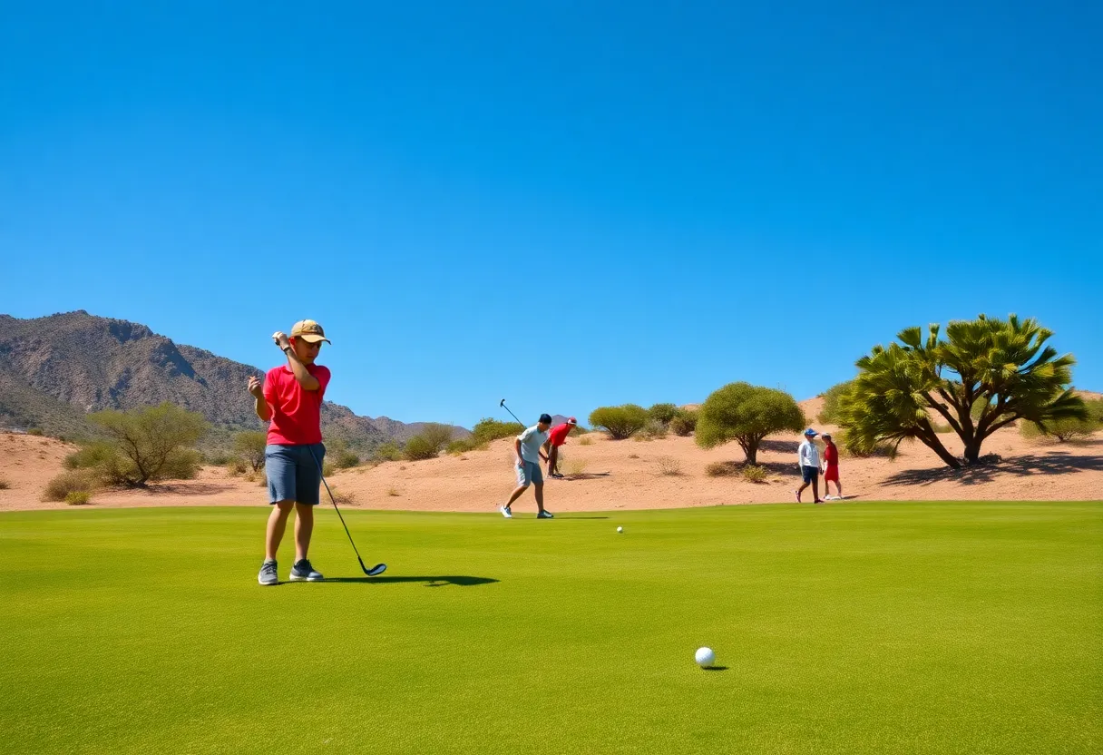 Young golfers practicing on the desert golf course