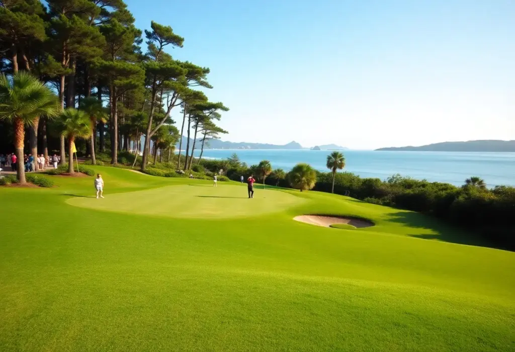 A golfer swinging on a beautiful green golf course at the Dubai Desert Classic