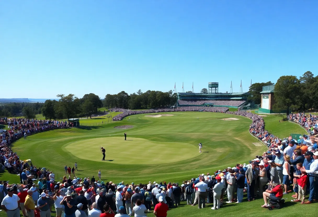 Overhead view of players competing at the Dubai Desert Classic golf tournament.