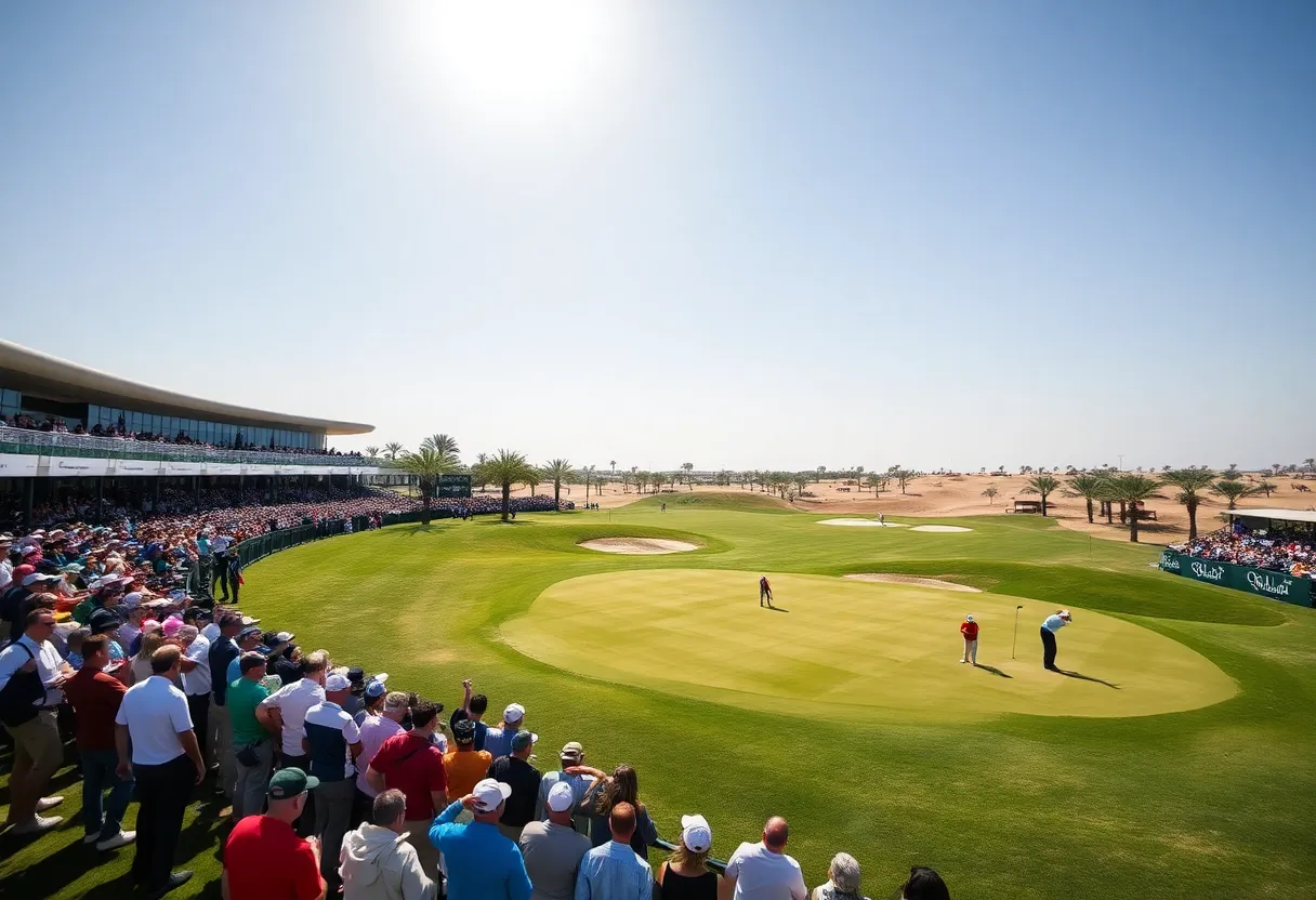 Golfers on the lush green course during the Dubai Desert Classic