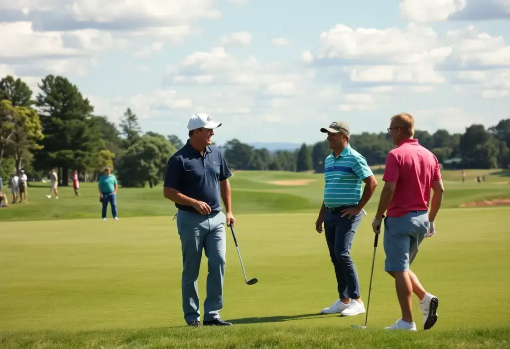 A vibrant scene from the Dubai Desert Classic with multiple golfers on the course.