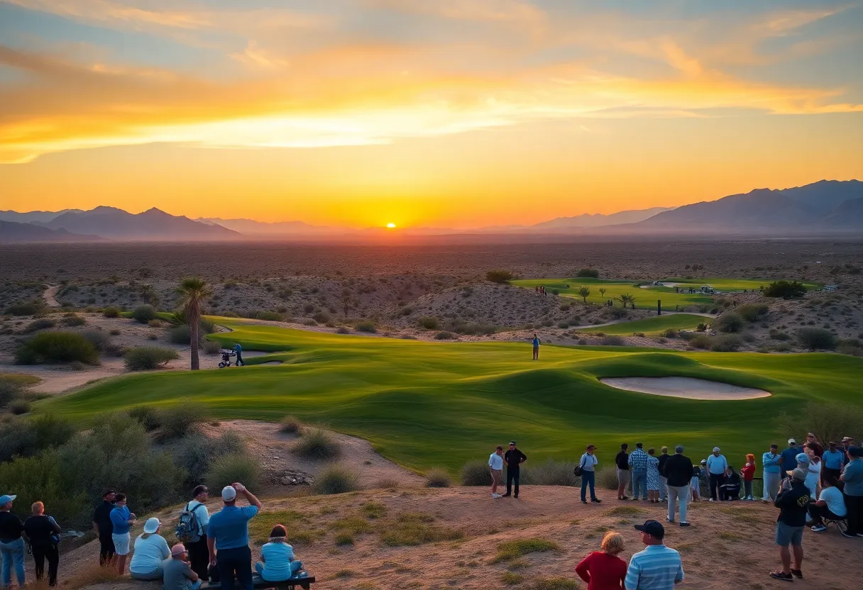 Golfer taking a swing at the Dubai Desert Classic tournament.