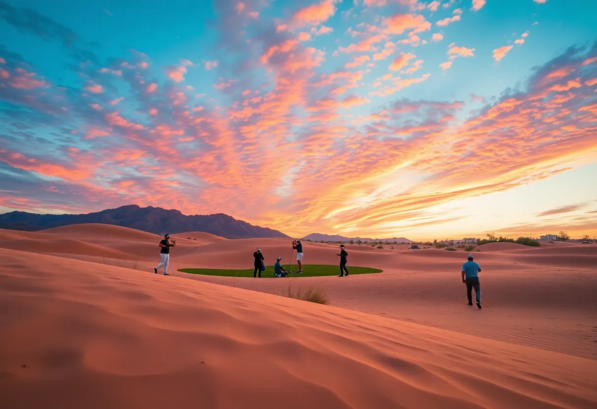 Golf tournament in a desert setting with players in action.
