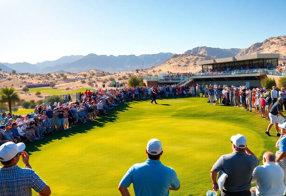 A scenic view of golfers playing at the Dubai Desert Classic.