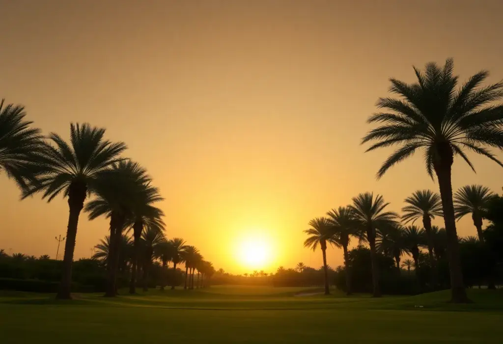 Scenic view of Dubai golf course at sunset