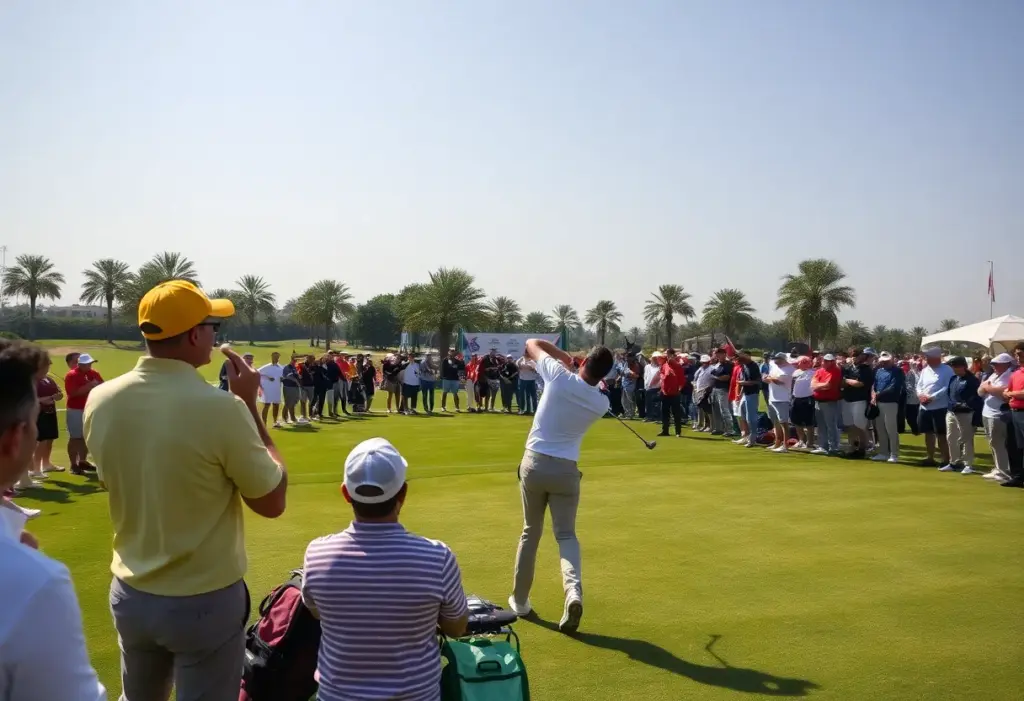 Golf tournament at Dubai Creek Resort featuring professional and amateur golfers.