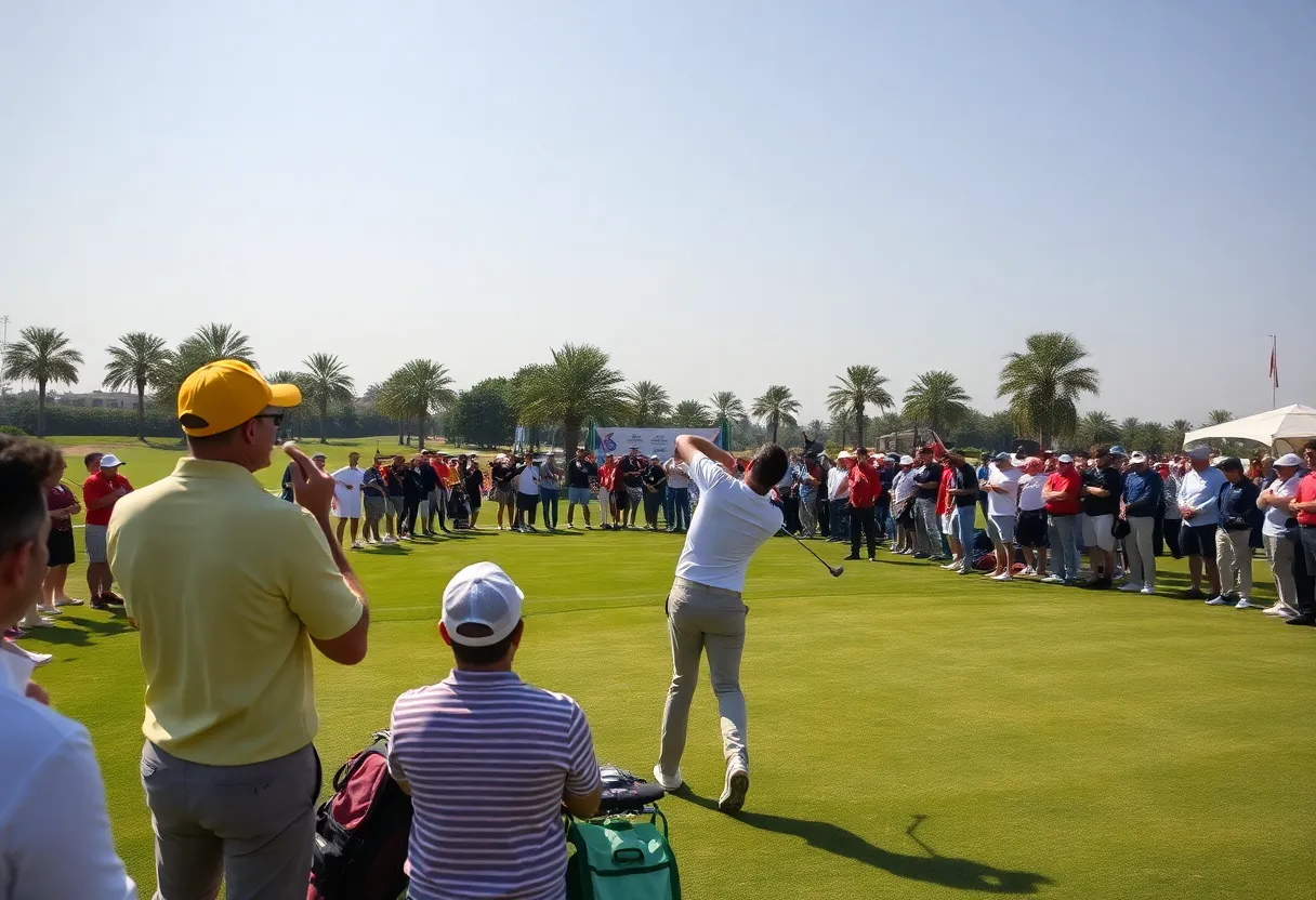 Golf tournament at Dubai Creek Resort featuring professional and amateur golfers.