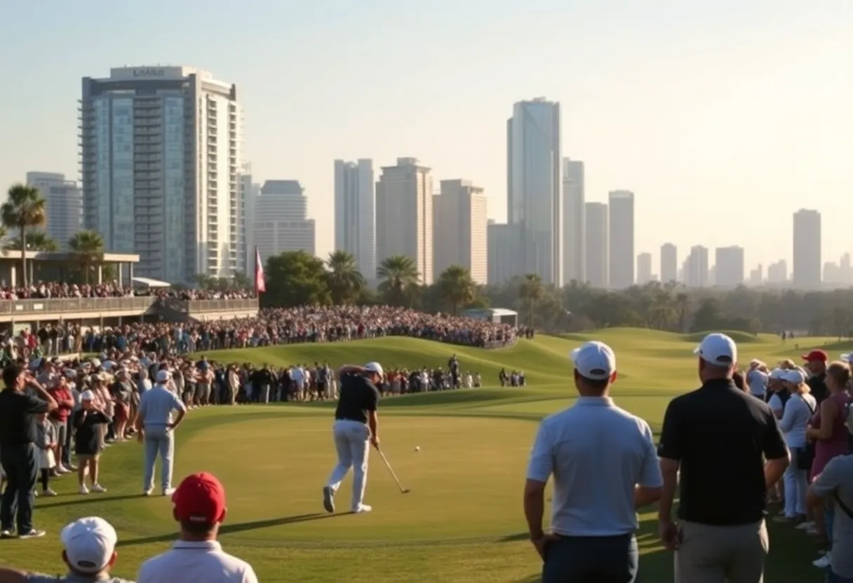 Golfers playing at the Dubai Invitational in a scenic environment.