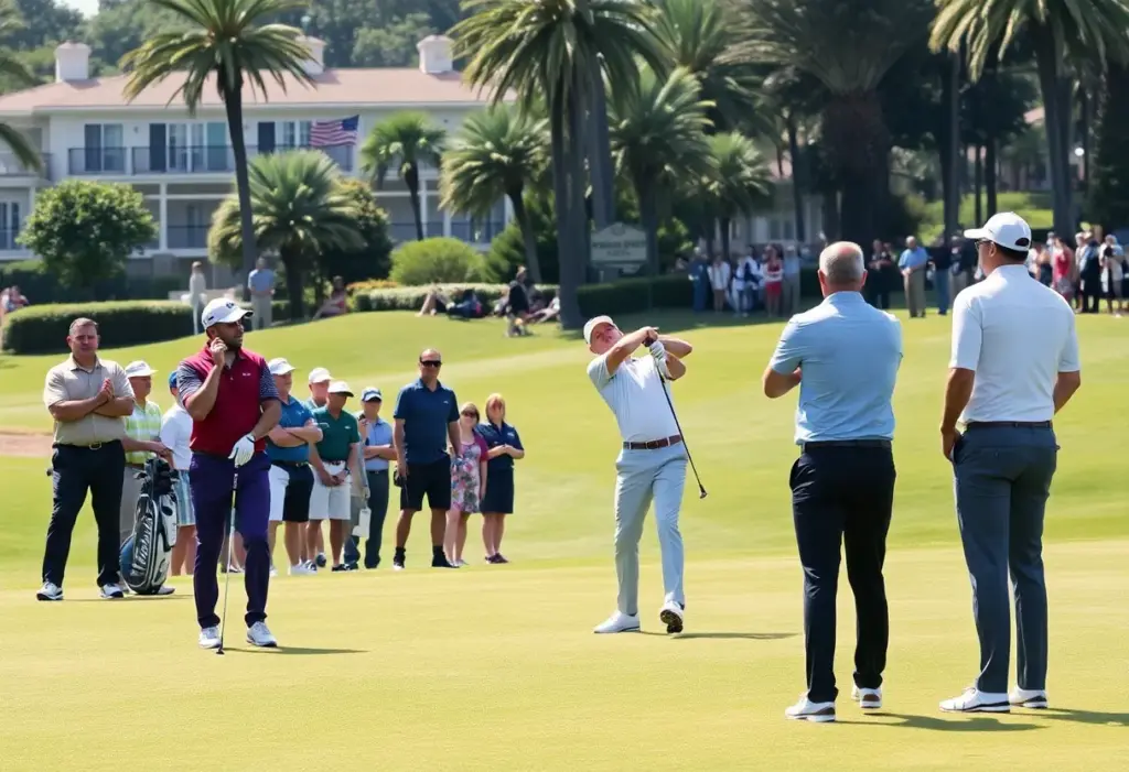 Scene from the Dubai Invitational 2026 with golfers and spectators