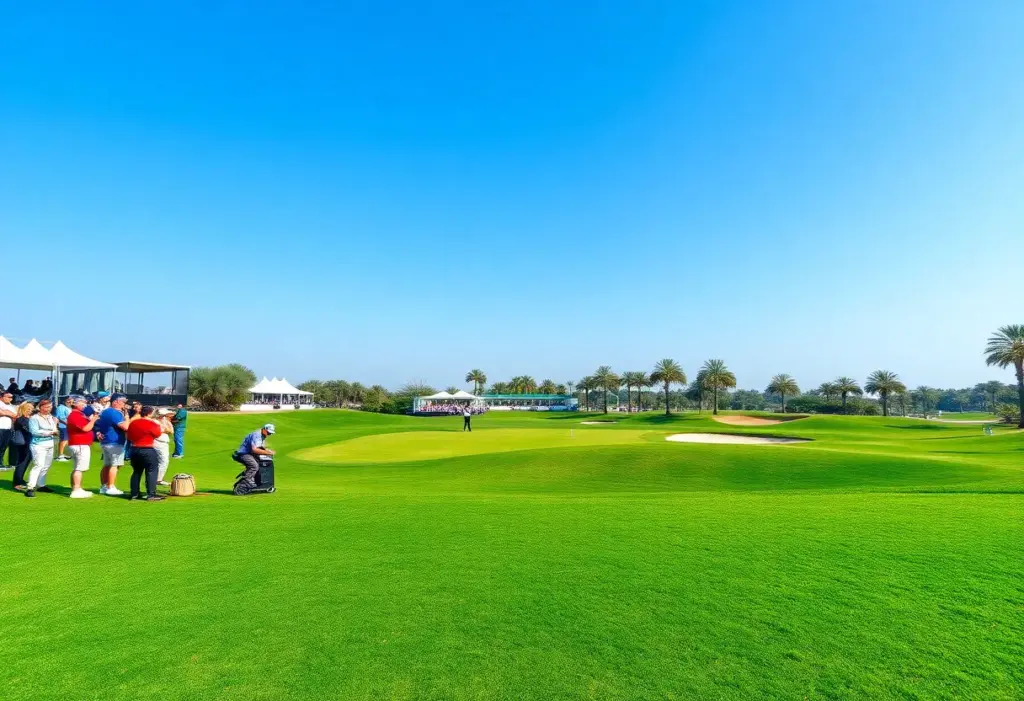 A golf tournament scene with excitement at the Hero Dubai Desert Classic.
