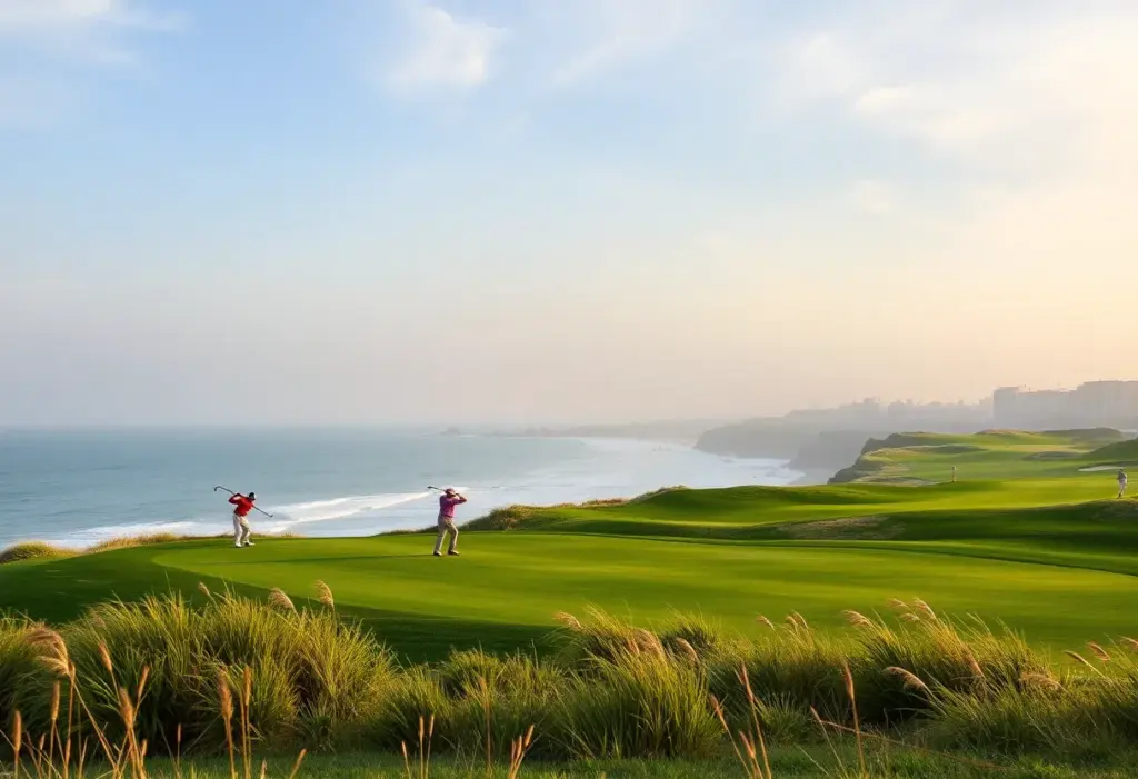 Golfers competing at the Dubai Invitational in windy conditions