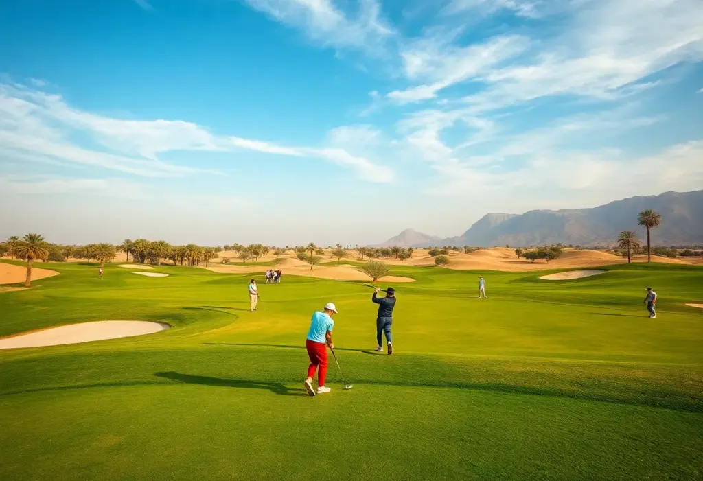 A picturesque view of a golf course in Egypt with golfers playing.