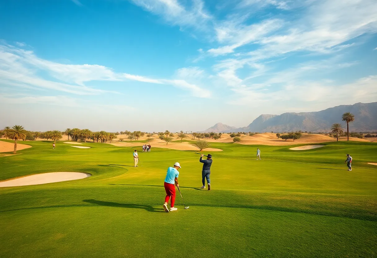 A picturesque view of a golf course in Egypt with golfers playing.