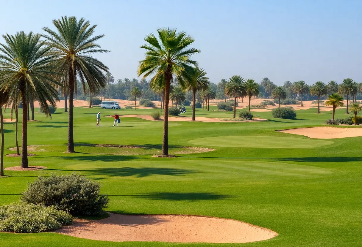 A scenic view of a golf course in Egypt during a tournament