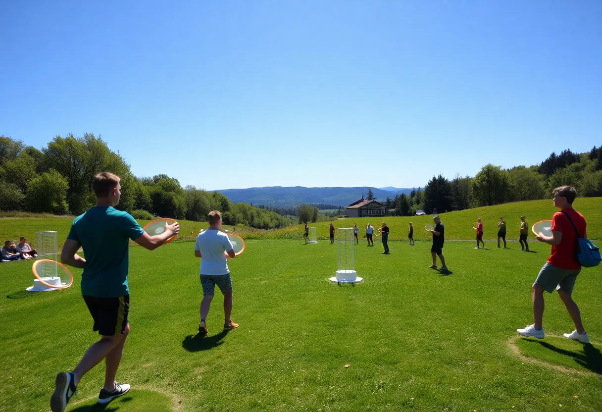 Players in a disc golf tournament in a European landscape