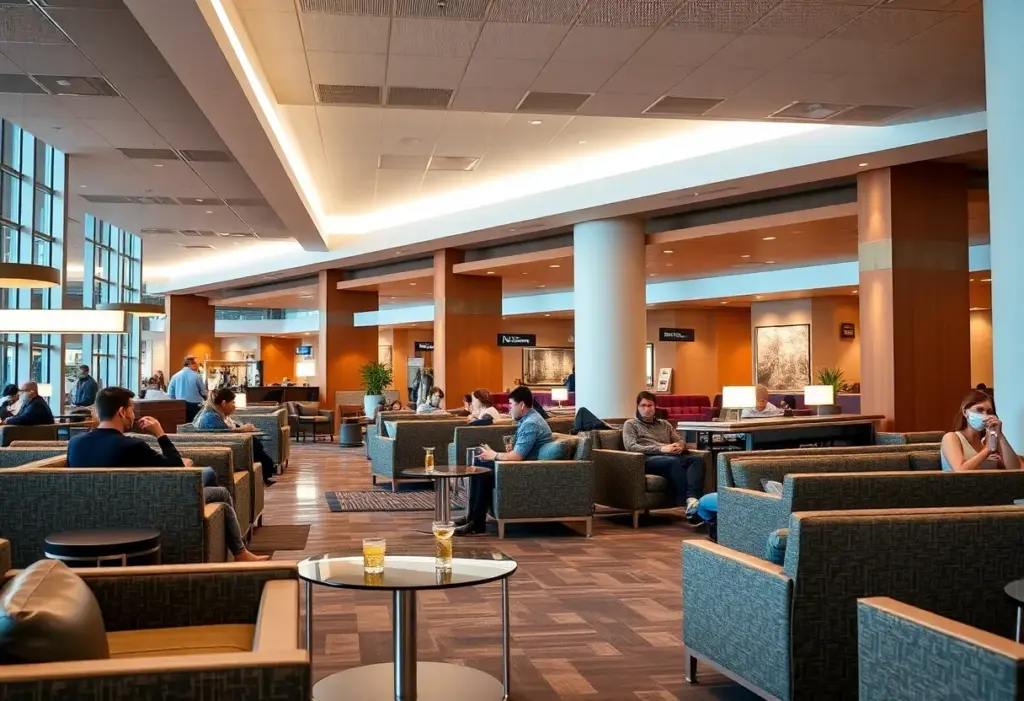 Travelers enjoying an airport lounge