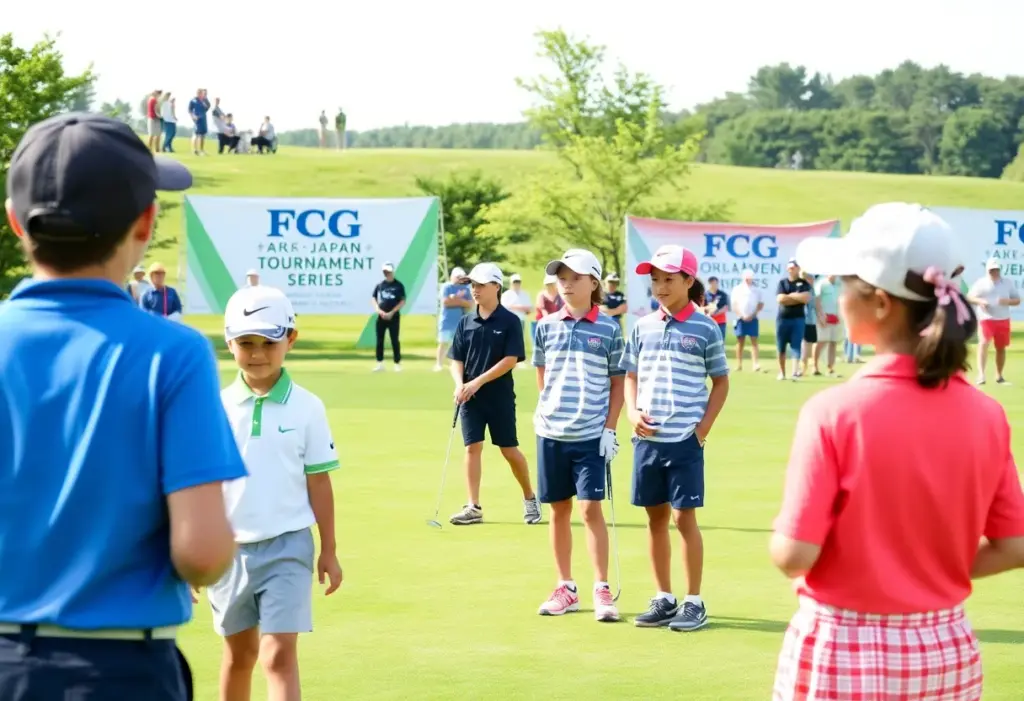 Young golfers participating in the FCG Japan Tournament Series on a beautiful golf course.
