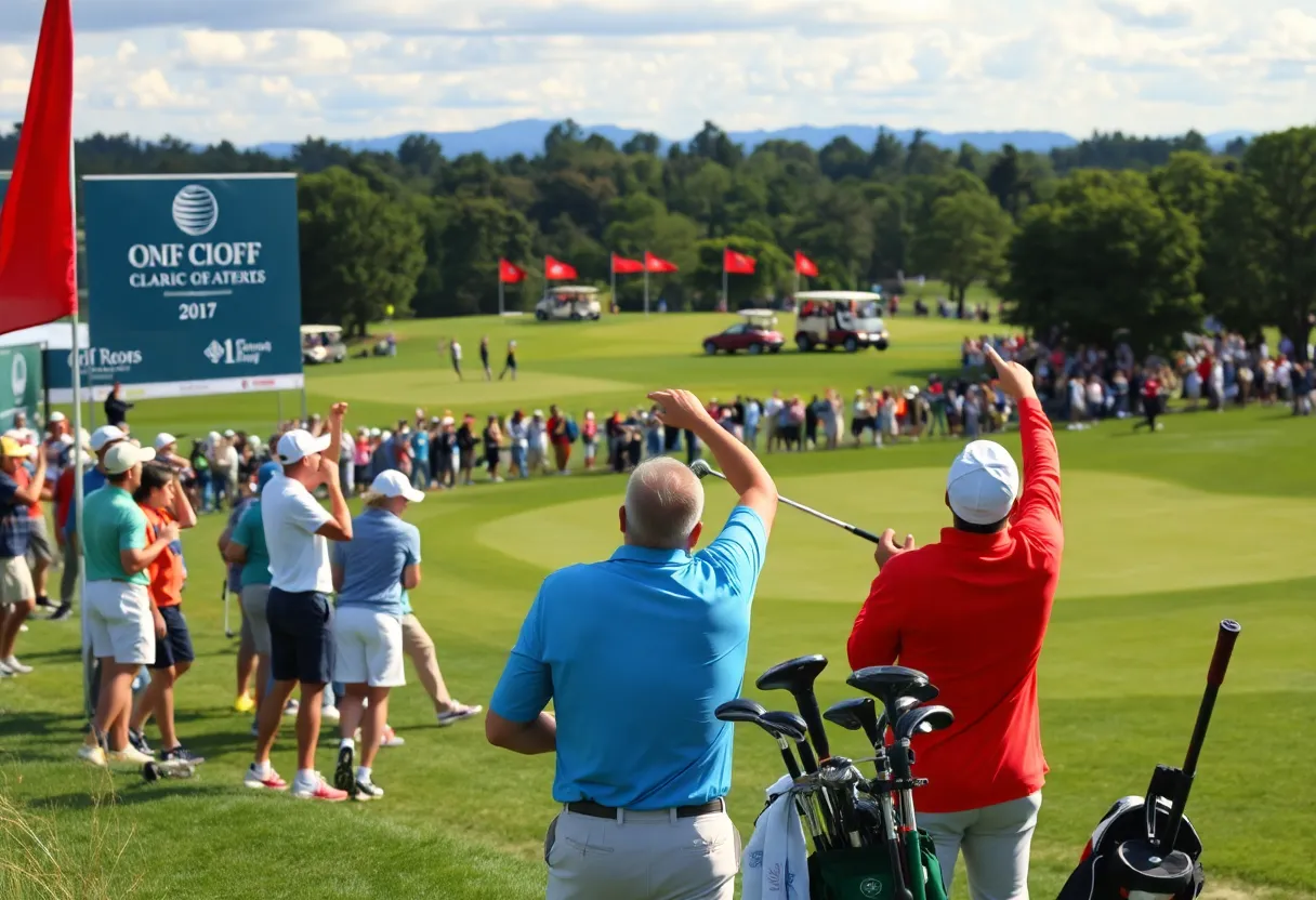 Scene from the Football Golf Tournament at Reignwood with golfers and cheering fans