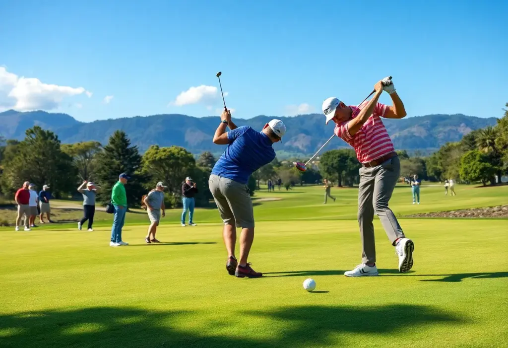 Golf players on a course discussing the golf ball rollback.