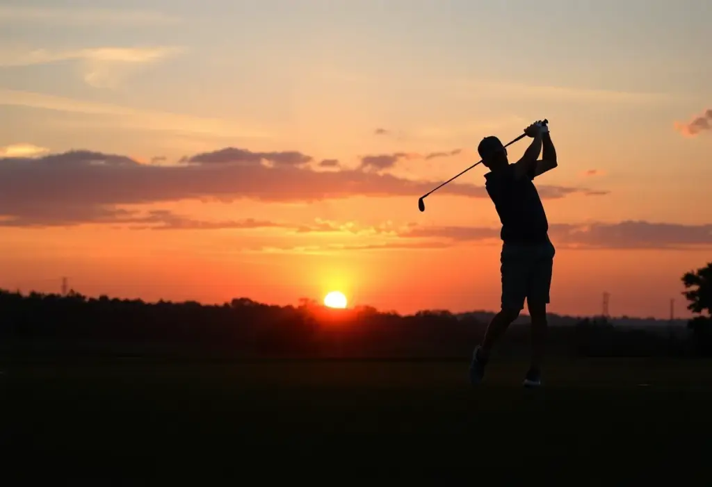 Silhouette of golfer practicing on a golf course at sunrise.