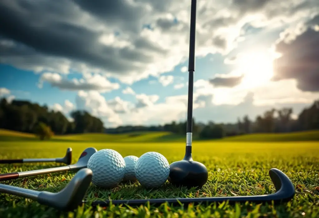 A scenic view of a golf course with clubs and balls, representing the world of competitive golf.