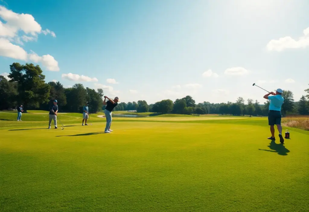 Players practicing on a golf course during a sunny day