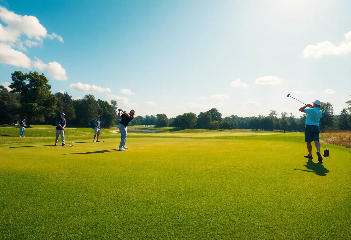 Players practicing on a golf course during a sunny day