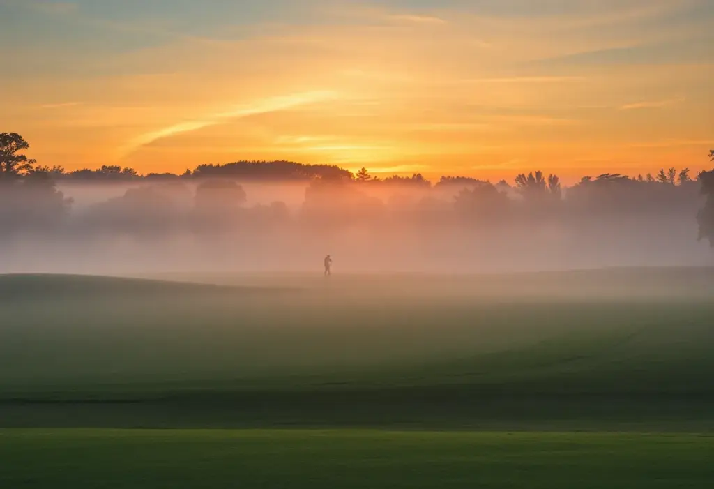 A tranquil golf course with mist in the morning light