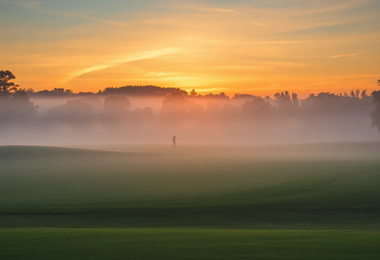 A tranquil golf course with mist in the morning light