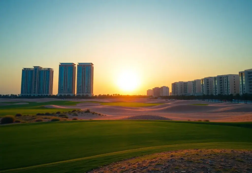 Scenic golf course surrounded by urban skyline in Dubai