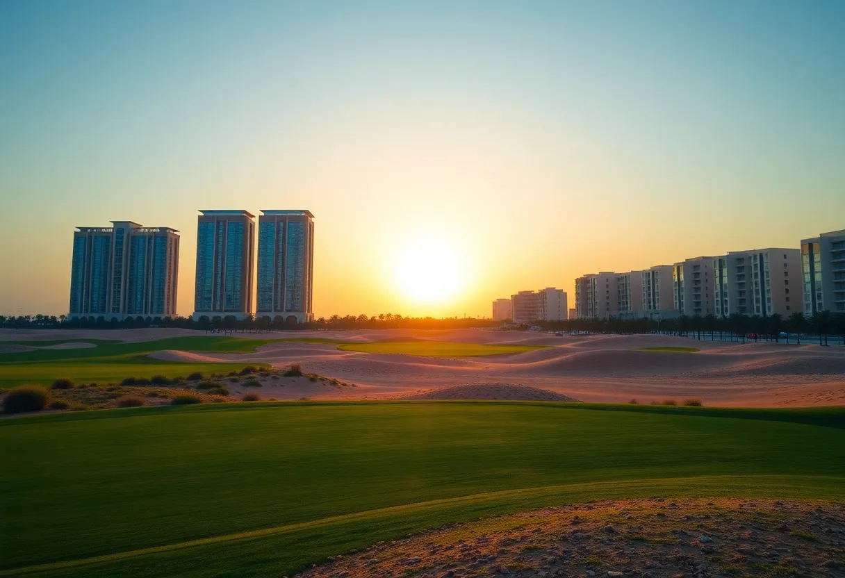 Scenic golf course surrounded by urban skyline in Dubai