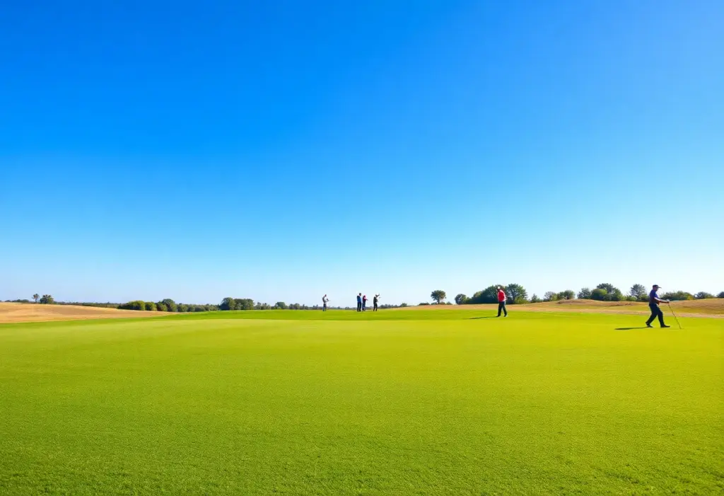 A scenic view of a golf course with golfers practicing in the foreground.
