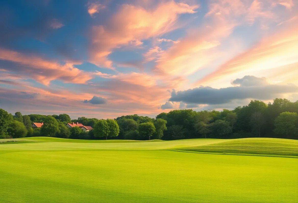 Lush green golf course with bright sky