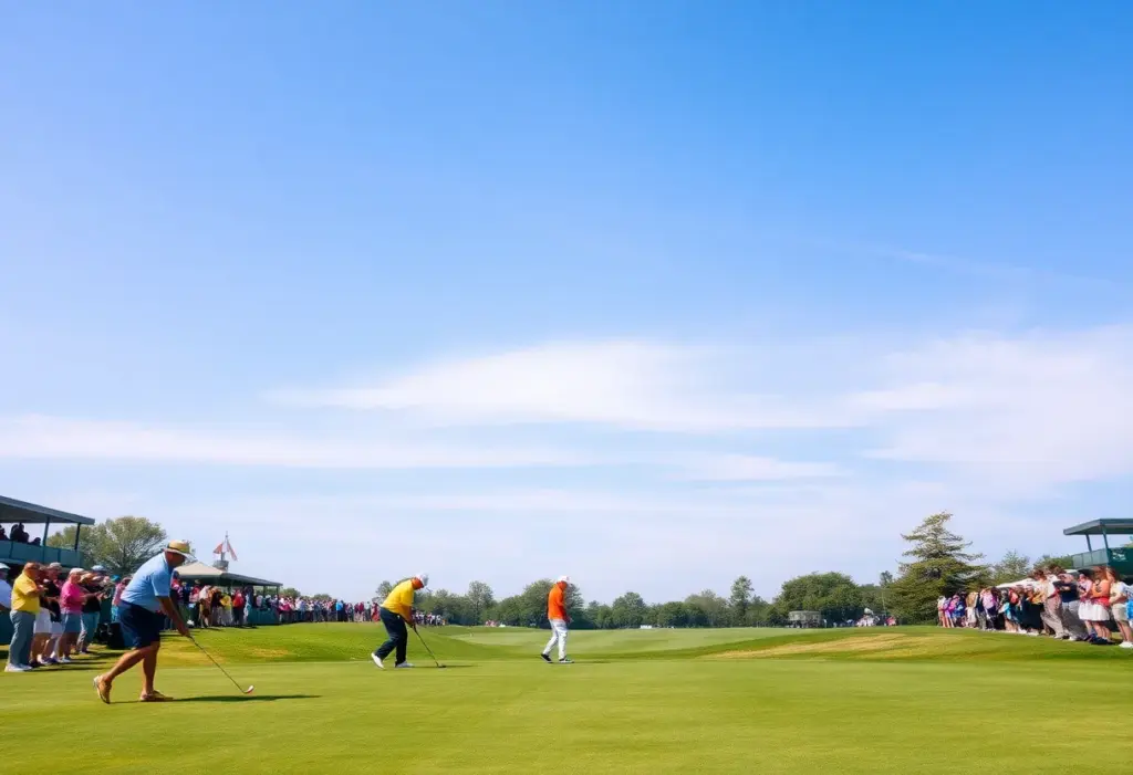 Vibrant golf course scene with players practicing