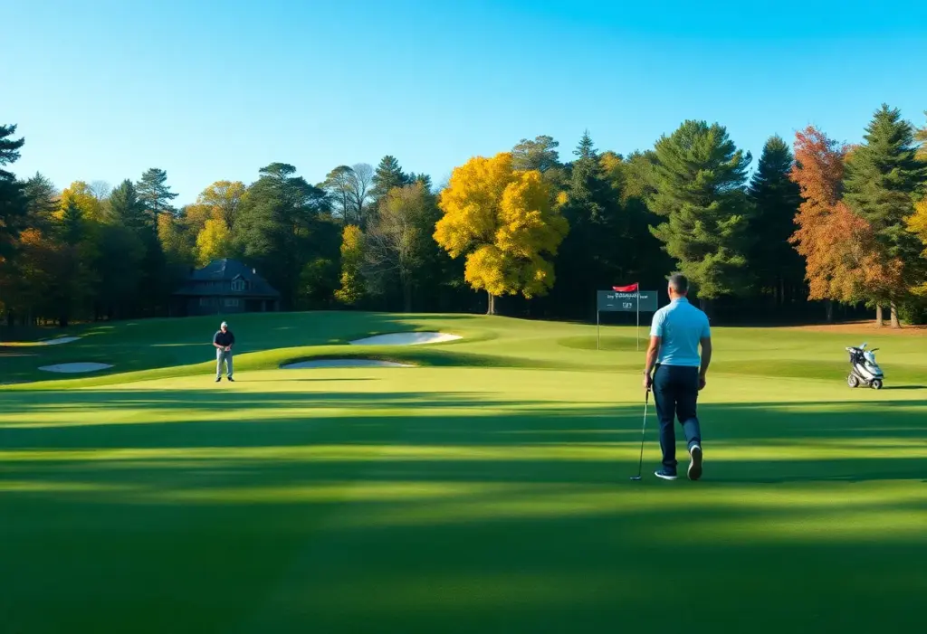 Scenic view of a golf course with players practicing