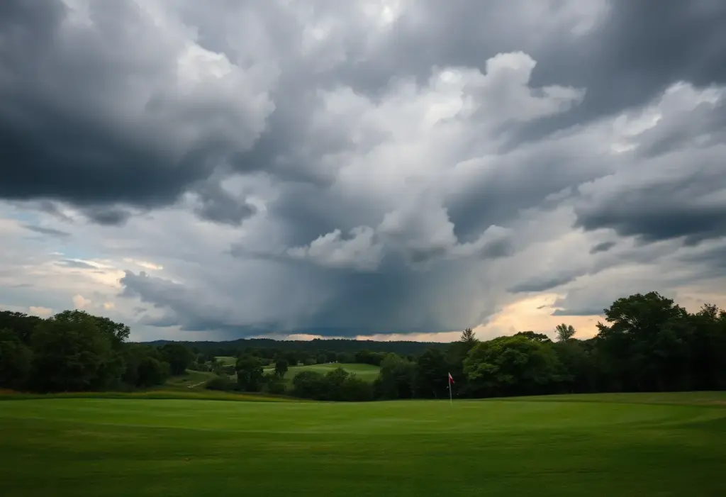 A golf course under a stormy sky representing speculation and tension.